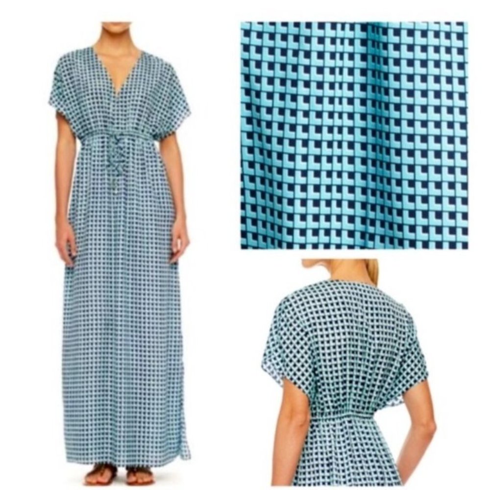 Michael Kors Maxi Dress L Large Blue Short Sleeve Stretch Career Casual Washable